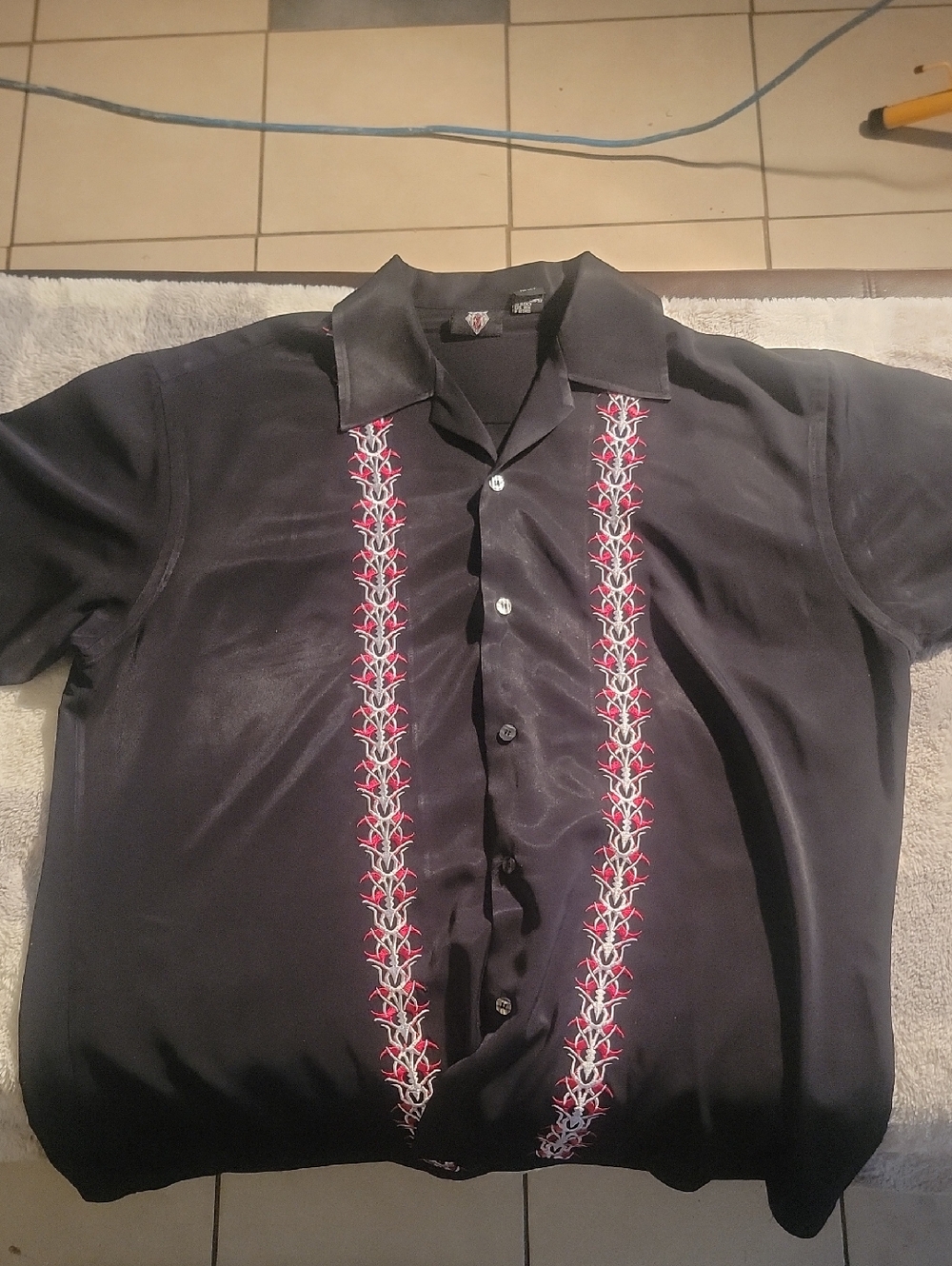 Men's Black Short-Sleeve Button-Up Shirt with Red Embroidery
